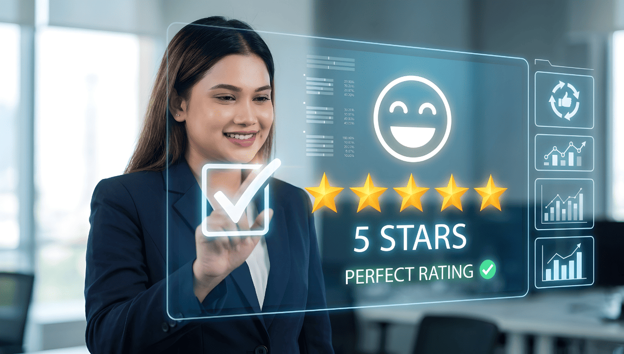 A smiling businesswoman interacting with a five-star customer satisfaction display
