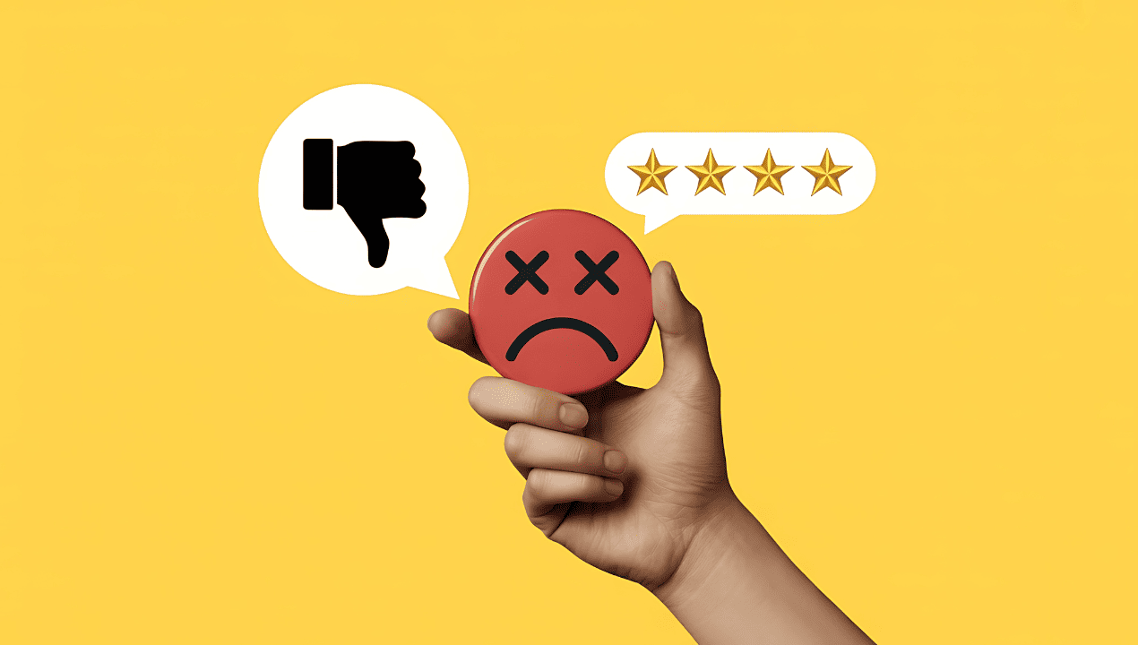 A hand holding a red unhappy face beside a thumbs-down symbol and star rating on a yellow background