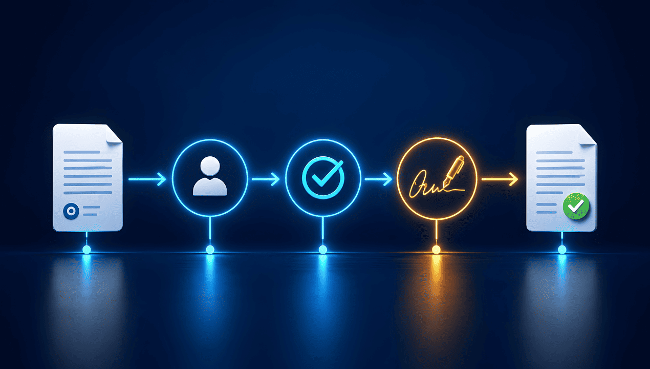 Illustrated workflow showing a review moving through verification and approval