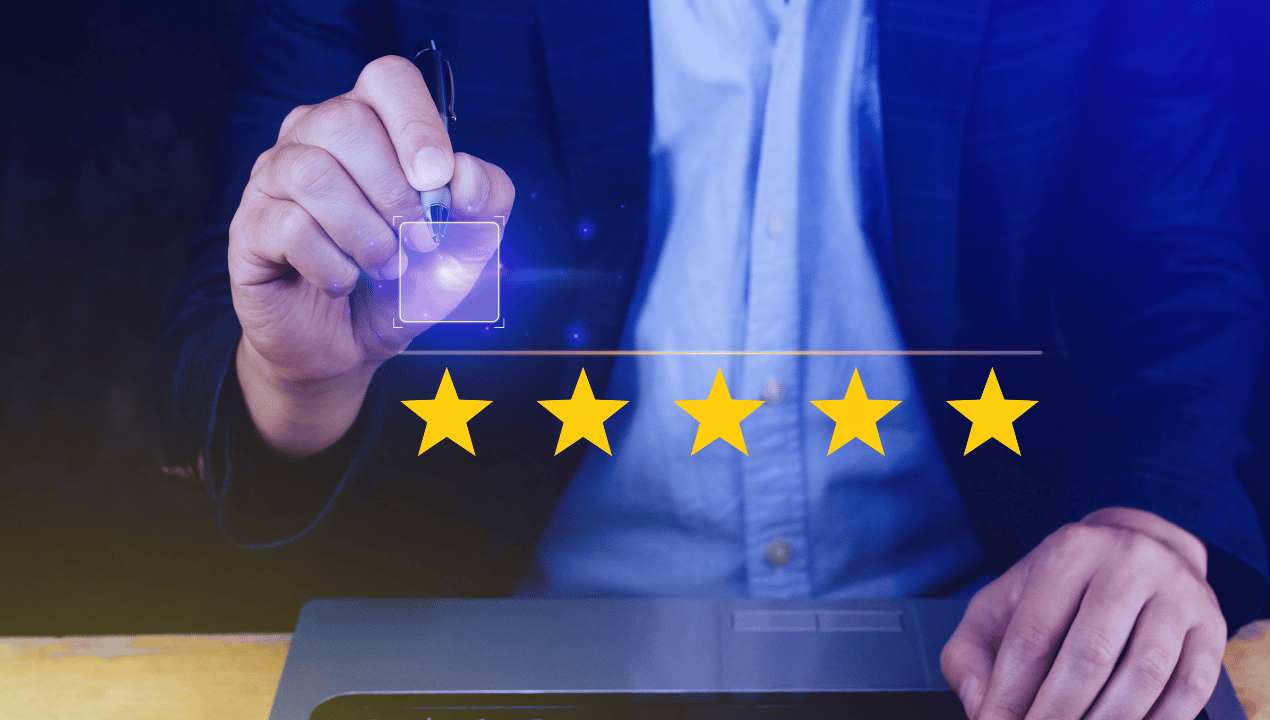 A business professional interacting with a digital review interface above five yellow stars