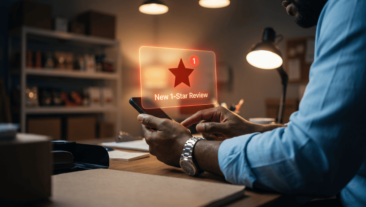 An executive viewing a new one-star review alert on a smartphone